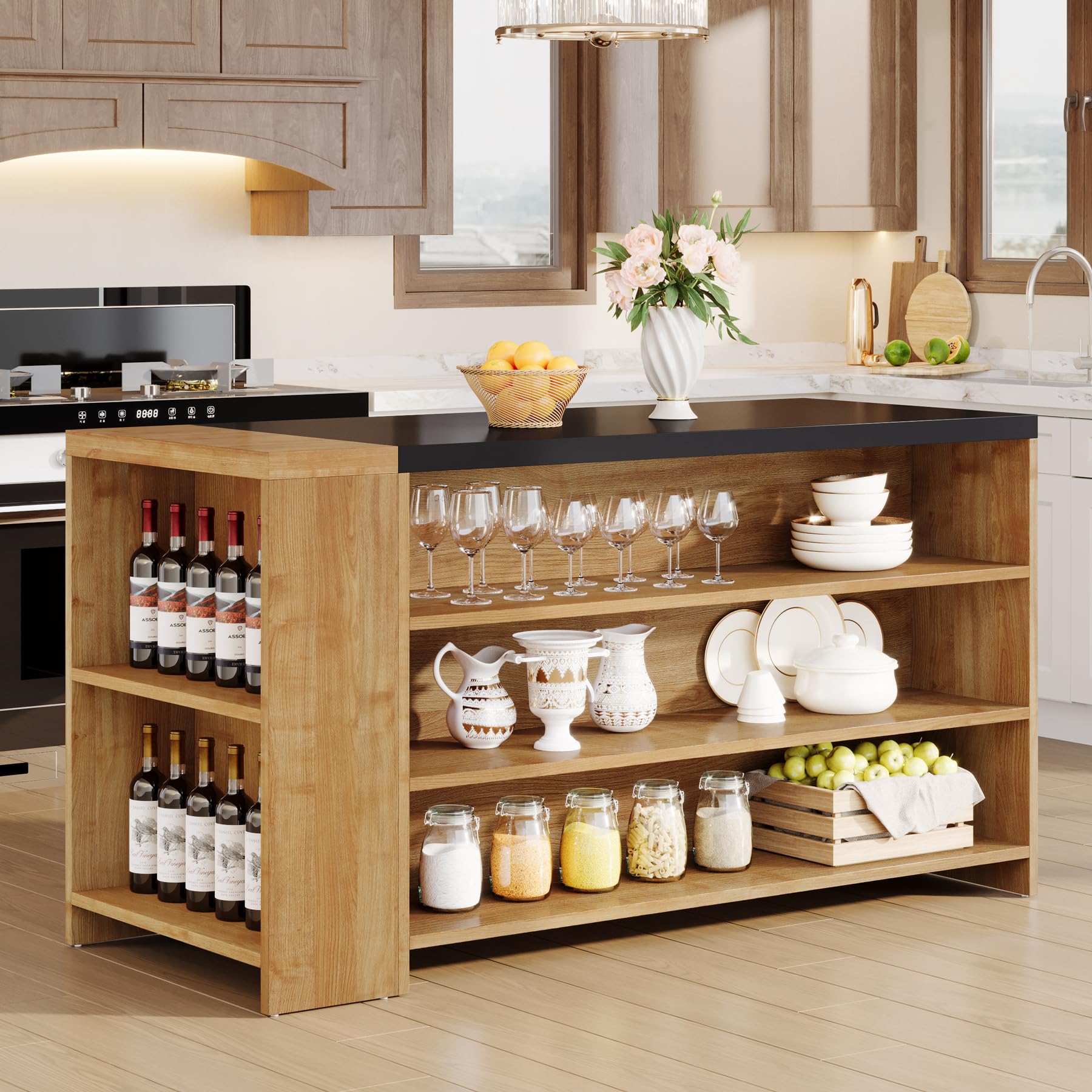 Tribesigns140cm Kitchen Island with Storage, Farmhouse 5-Tier Stationary Island Table with 5 Shelves, Wood Coffee Bar Table Storage Cabinet with Large Countertop for Kitchen, Vintage Brown