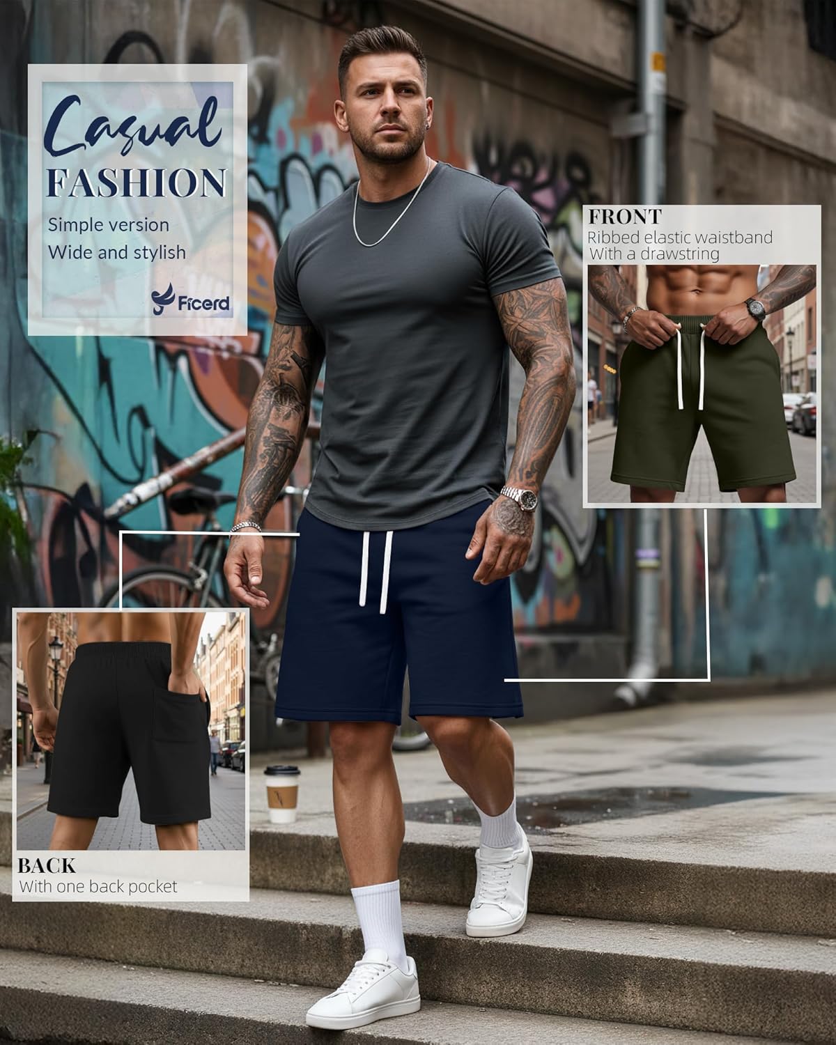 Ficerd 3 Pack Big and Tall Men's Sweat Shorts 9'' Plus Size Bermuda Drawstring Elastic Waist Shorts with 3 Pocket - Image 4