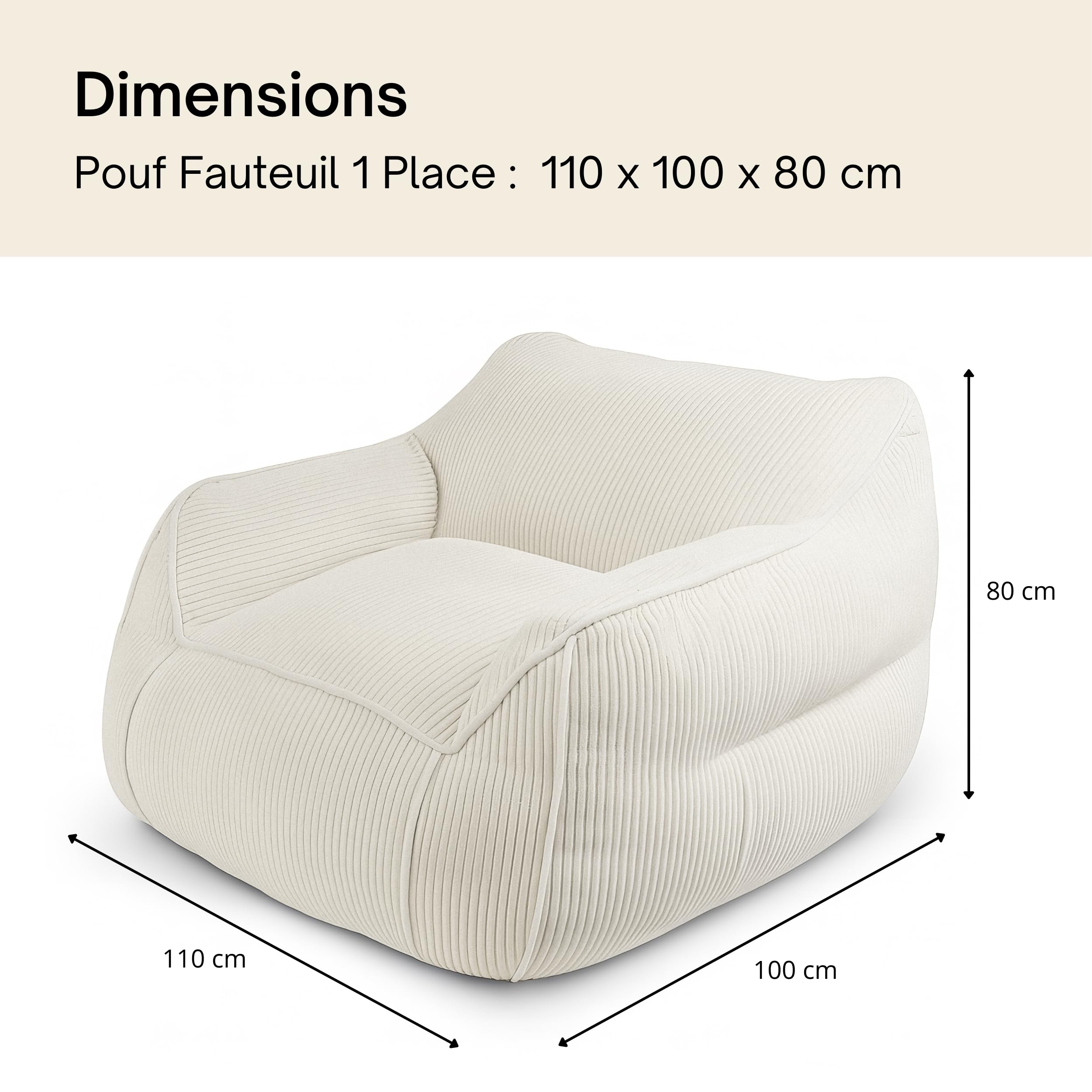 bananair - Pouf Salon & Chambre en Velours Côtelé - Fauteuil Pouf Cocooning, Élégant & Douillet - Idéal pour Coin Lecture ou Cosy (Blanc Cassé)