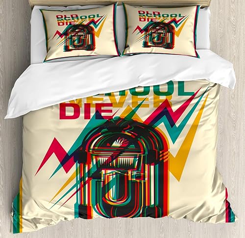 Miniatura 25 de Ambesonne Jukebox Duvet Cover Set, Digital Retro Print Party Themed Old Antique Music Radio, Decorative 3 Piece Bedding Set with 2 Pillow Shams,