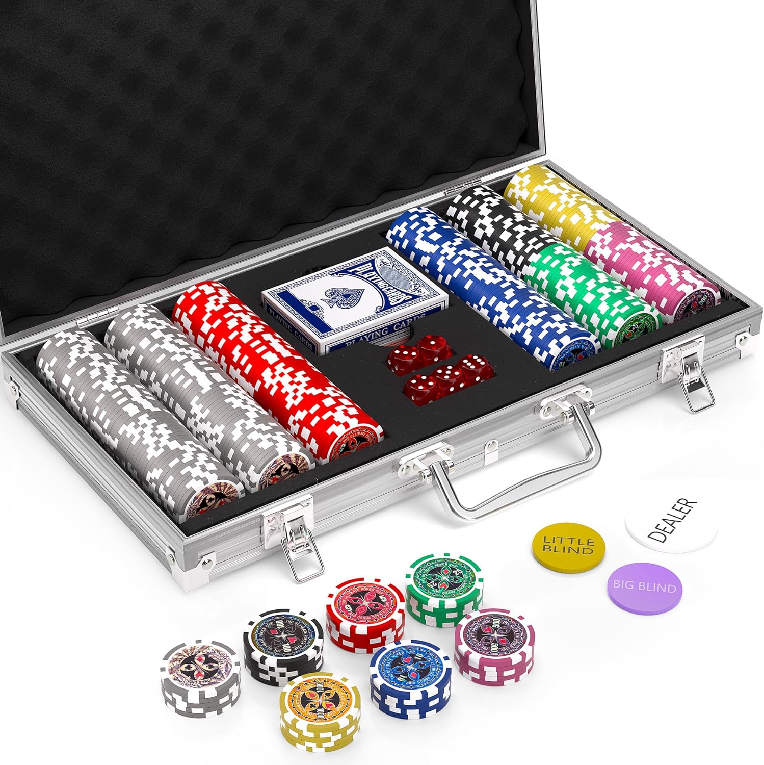 300pcs Poker Chip Set Denominations Poker Chip Set Numbered Chips Texas Holdem,Professional Casino Chips,Clay 11.5 Gram Chip Aluminum Case Texas Hold’em Chips Blackjack Gaming Poker Games Poker Set