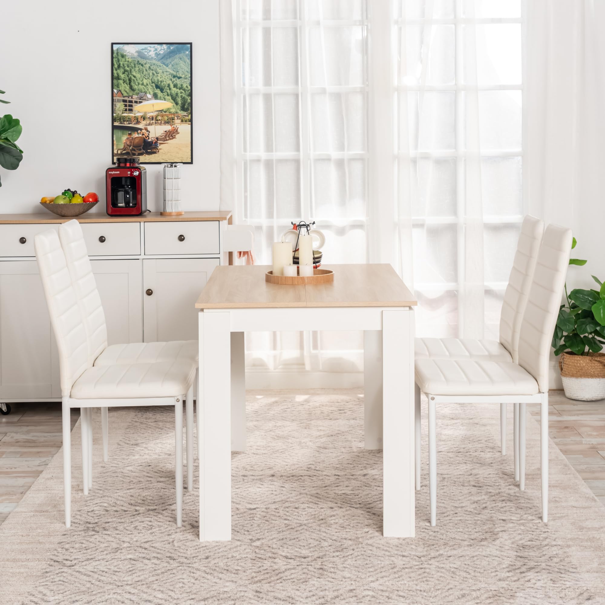 Ensemble de salle à manger rectangulaire en bois de chêne blanc avec 4 chaises blanches modernes 120 x 70 x 75 cm