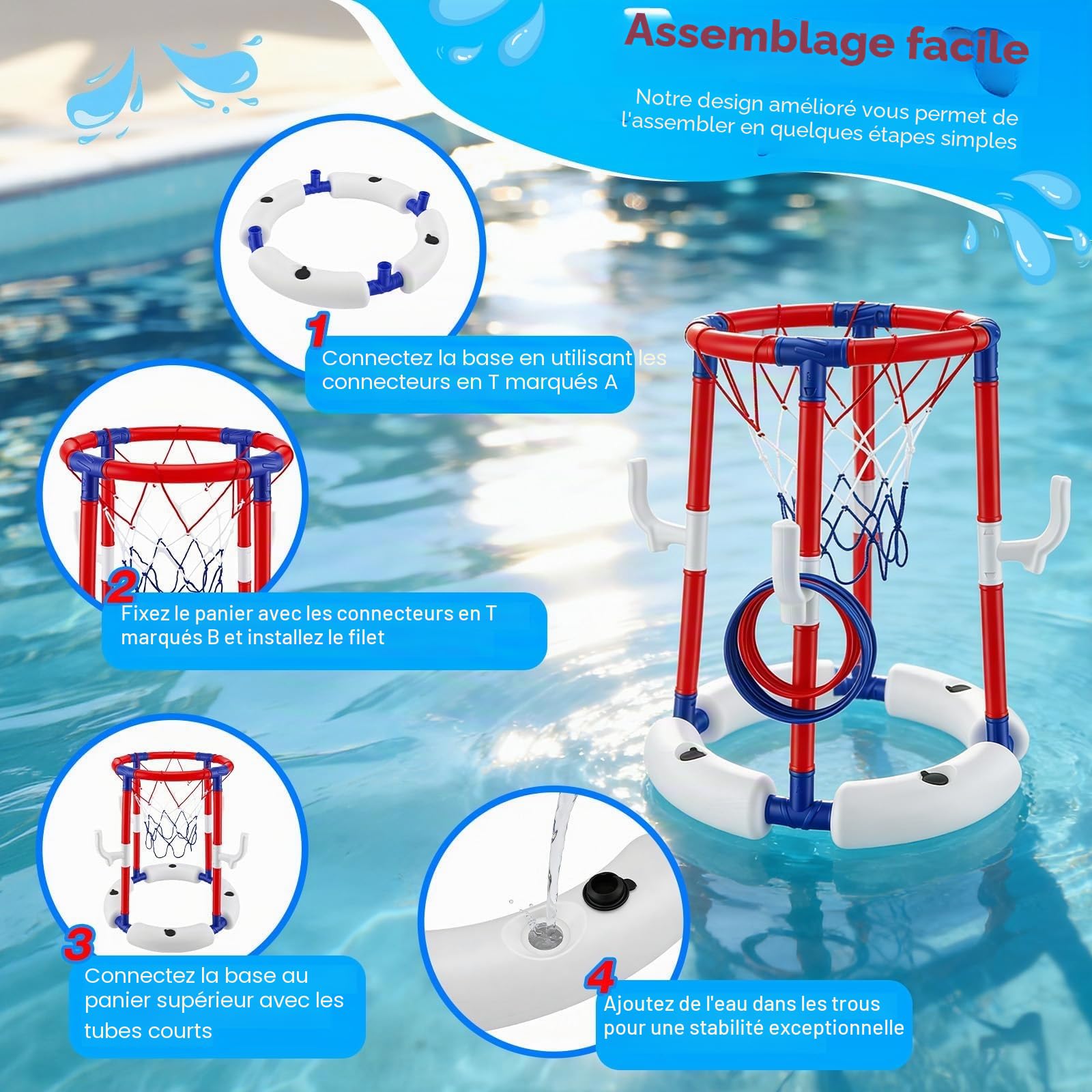 Panier de Basket 2 en 1 Flottant avec Jeu de Lancer d'Anneaux, Jouets de Piscine Gonflables pour Enfants et Adultes, 4 Ballons, 12 Anneaux et Pompe Inclus, Idéal pour Piscine, Plage
