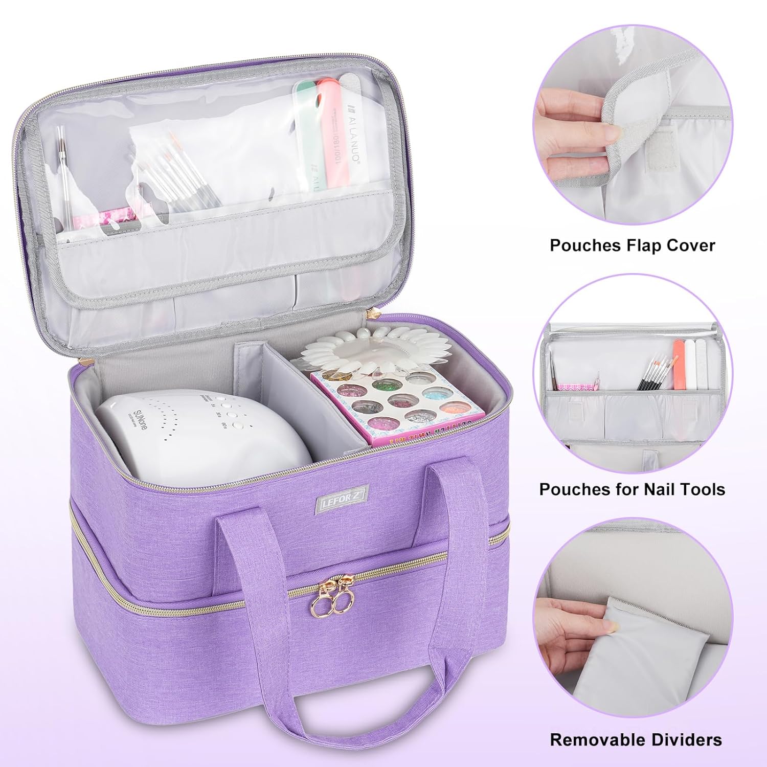 LEFOR·Z Nail Polish Organizers and Storage,Double-Layer Nail Polish Carrying Case Bag Holds 40 Bottles(15ml-0.5 fl.oz) and Nail Lamp,Nail Supplies
