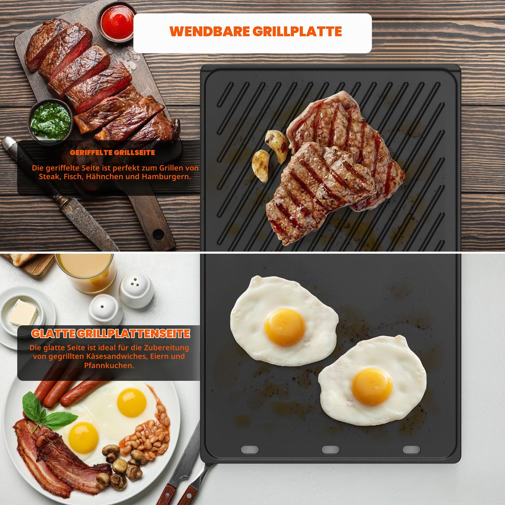 Onlyfire Gusseisen Grillplatte für Weber Genesis 300 Series Gasgrills, Beidseitig Verwendbar, 49,2x32,3cm, Wendegrillplatte, Guss-Plancha für Gasgrill, BBQ Gussplatte, Ersatz für Weber 7528