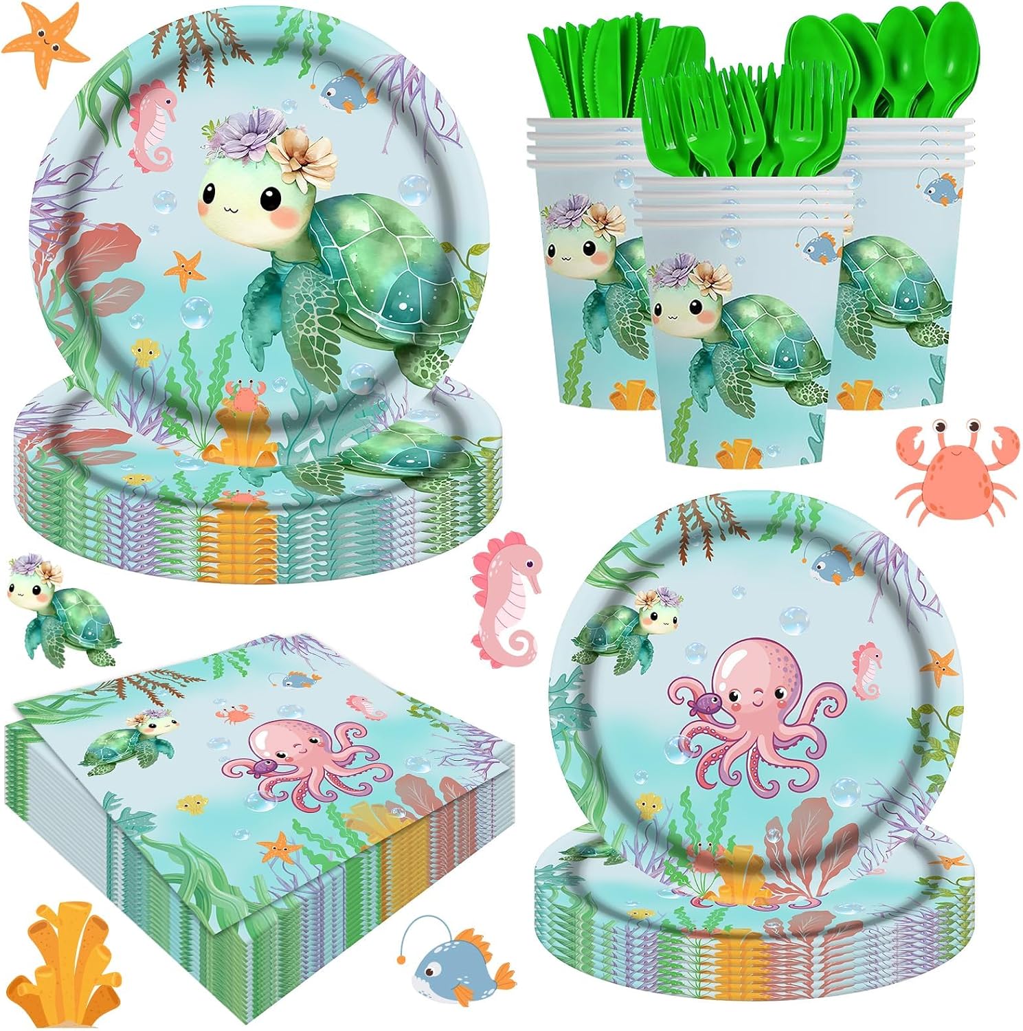 140Pcs Sea Turtle Birthday Decorations Ocean Sea Party Tableware Turtle Plates Napkins with Sea Animal Cups for Under the Sea Baby Shower Turtle Pool Party Supplies