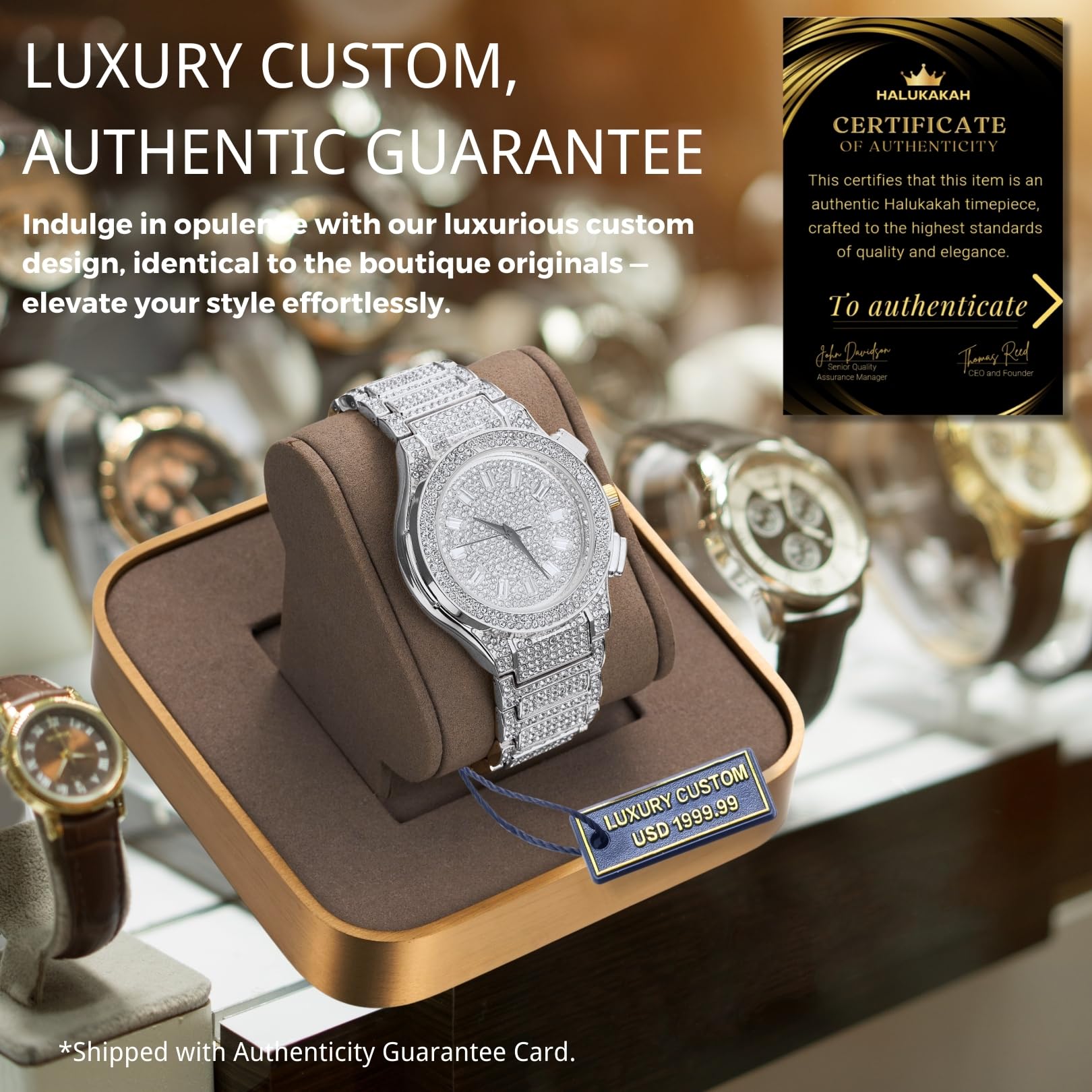 HALUKAKAH Reloj con Diamantes Moissanite para Hombre - Regal - Chapado en Oro Real 18K/Oro Blanco Platino,Esfera Redonda Grande con Números Romanos,Correa de 21,5cm - Caja de Regalo Incluida