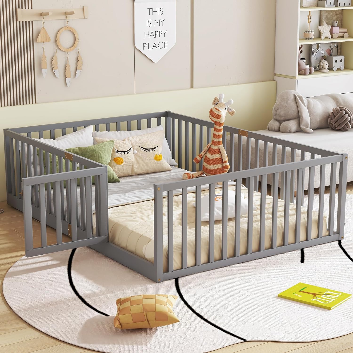 Bellemave Full Size Floor Bed with Slats and Door, Full Size Montessori Floor Bed with Rails, Easy Assemble Montessori Beds Frame for Bedroom, Gray