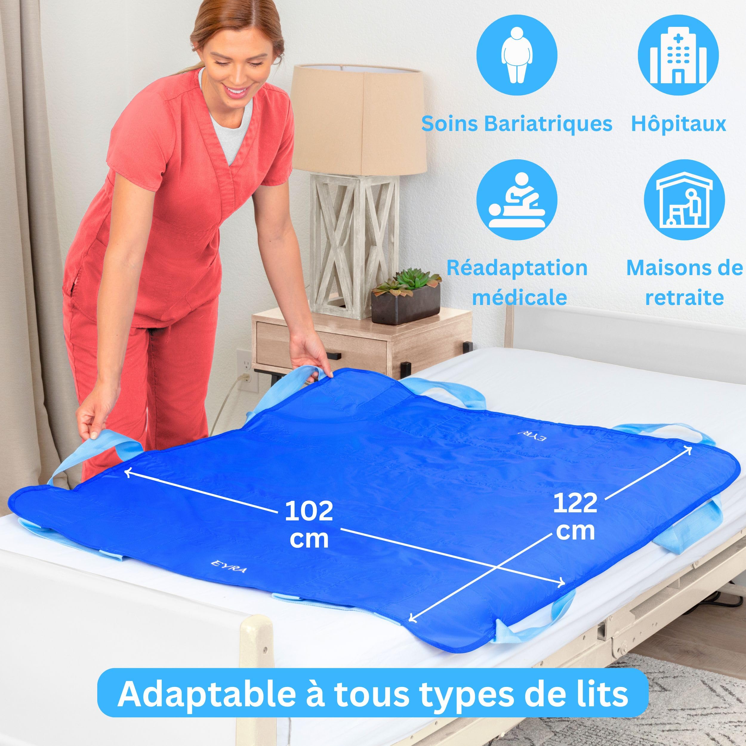 EYRA Drap de Glisse 122×102 cm avec 8 poignées – Drap de Transfert & Aide au positionnement réutilisable et Lavable pour Personnes âgées, Patients alités et mobilité réduite – Supporte Jusqu’à 180 kg