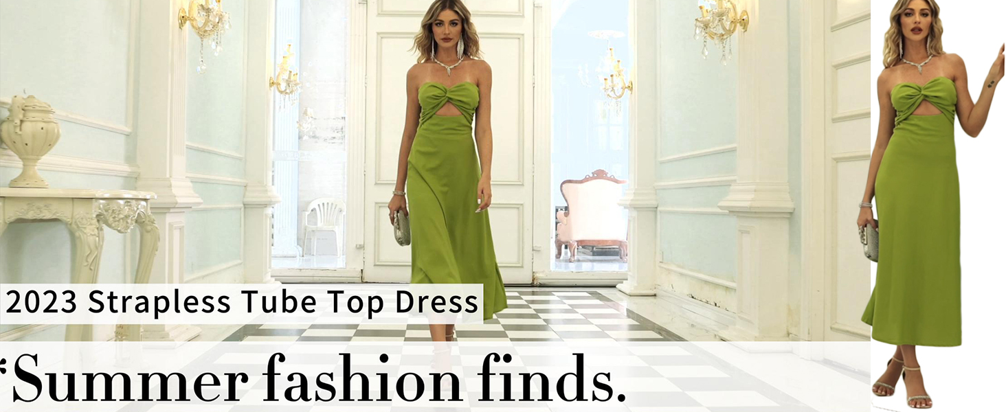 Amazon.com: Fiemaoves Sexy Twist Front Strapless Sweetheart Neckline Midi  Dresses for Women Smocked Cutout Tube Top Linen Dress Wedding Guest Pink :  Clothing, Shoes & Jewelry