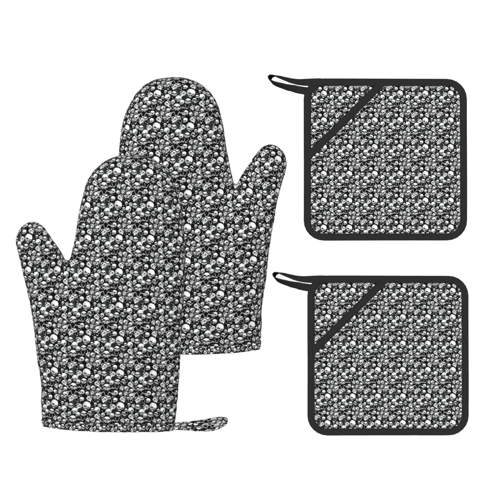 Nimongt Black Skull Background Print Heat Resistant Gloves Pads Reusable Kitchen Set Oven Baking Grilling Cooking