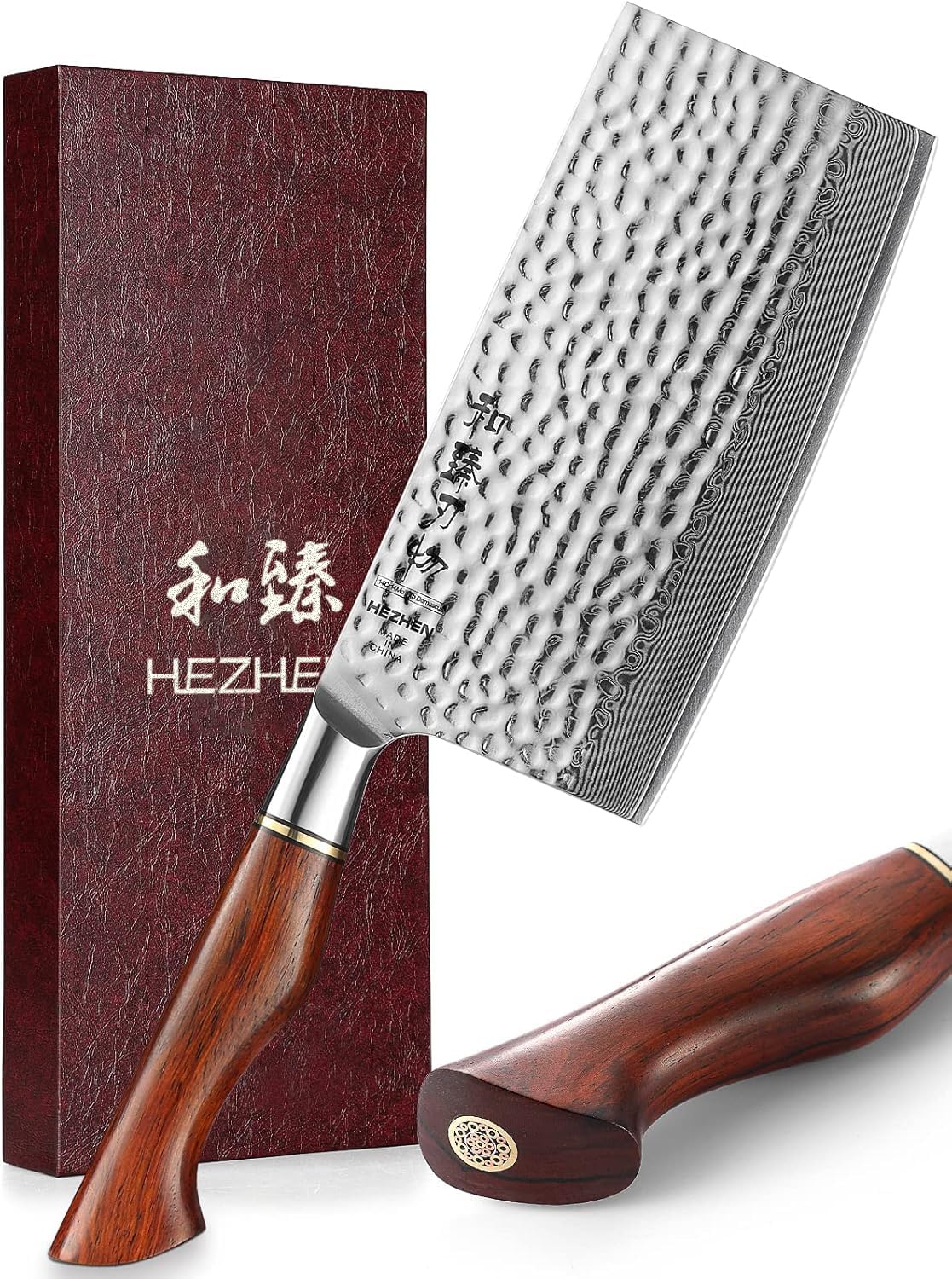 HEZHEN Chinese Chef Knife 6.8 Inch- Meat Cleaver, Chinese Cleaver Knife, Premium Damascus Powder Steel-Natural Rosewood Handle-Master Hammered Finish Series