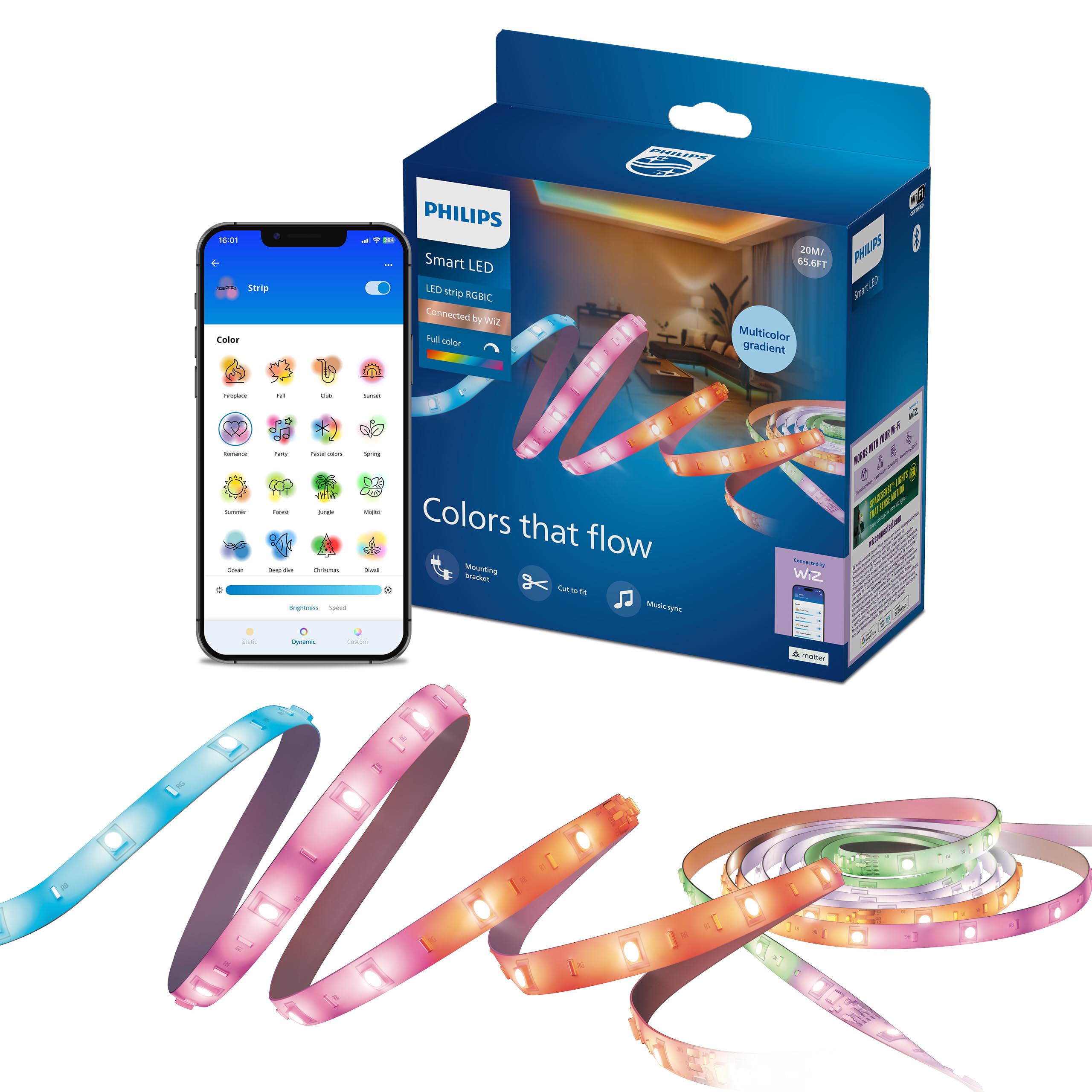 Philips Smart Lighting striscia LED RGBIC, 20 m, Tipo C, effetti luce multicolore dinamica, tagliabile, configurazione semplice, connessione a Wi-Fi, Connected by WiZ, Google Home, Alexa, Apple Home