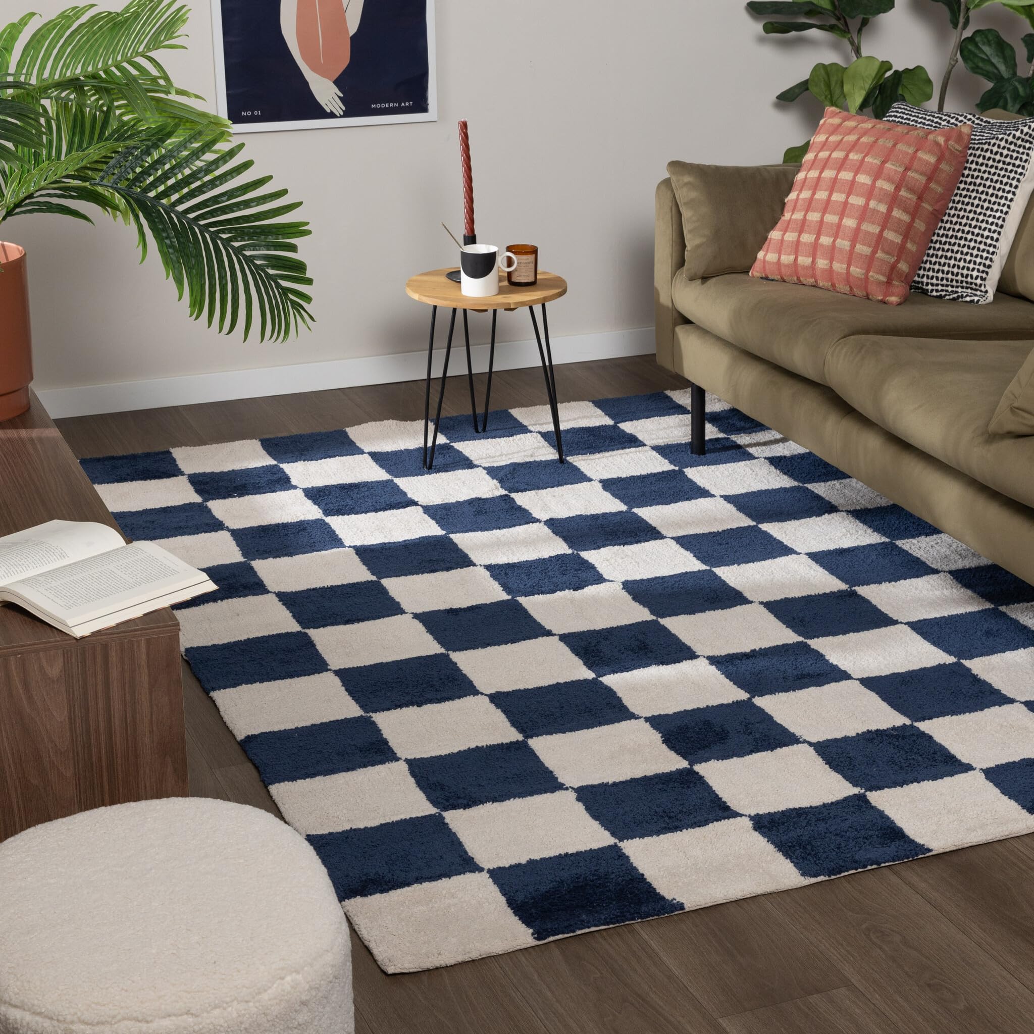 Tapis de salon à damier bleu à poil court résistant et géométrique