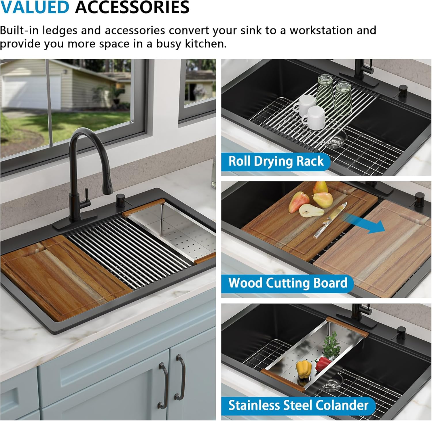33"x22" Granite Composite Kitchen Sink - Matte Black Ledge Workstation Drop-In Top Mount Quartz Classic Above Counter Single Bowl Basin