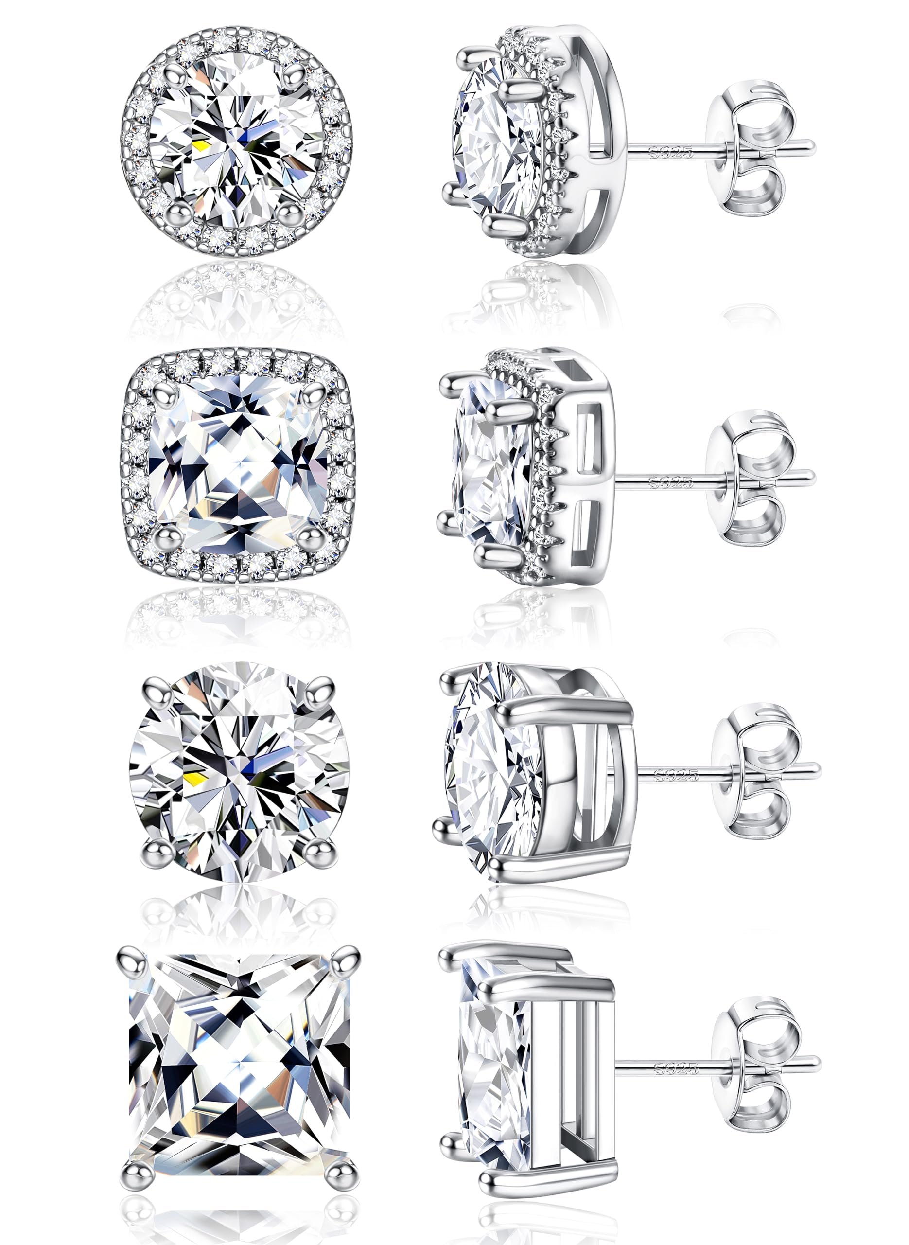 Hypoallergenic Stud Earrings for Women Men - 925 Sterling Silver Earrings for Sensitive Ears - 6/8/10mm Cubic Zirconia Earrings Studs-18K Gold Plated