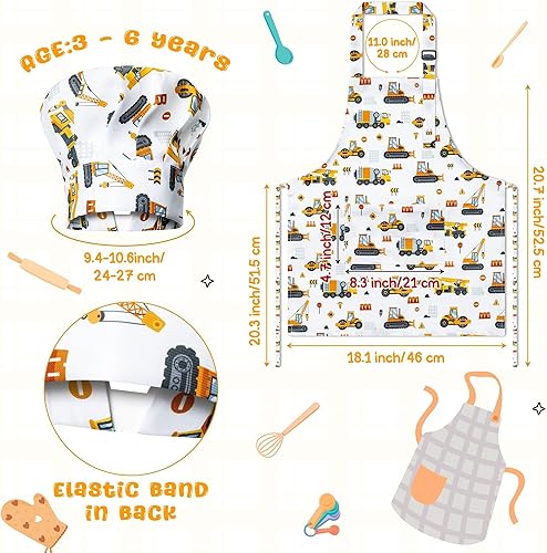 Miniatura 2 de GROBRO7 Juego de 4 delantales y sombrero de chef para niños, regalo para niñas y niños, vehículos de construcción de dinosaurios, delantales