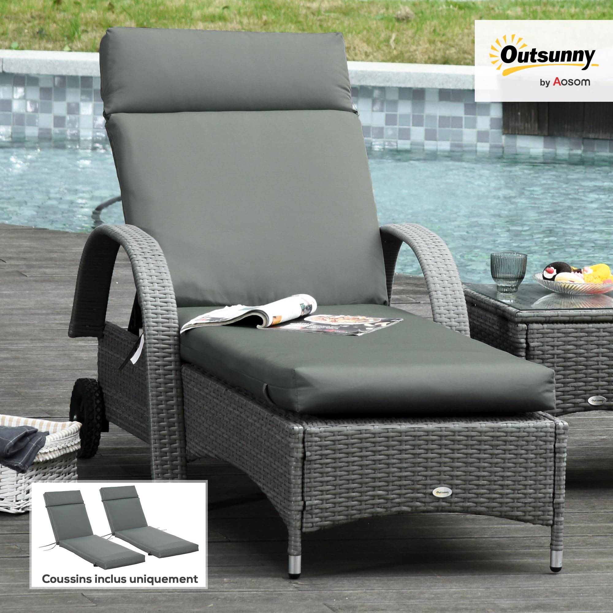 Outsunny Lot de 2 Matelas pour Chaise Longue 196L x 55l cm Gris Foncé | Transat Bain de Soleil, avec Sangles d'Attache, pour Jardin, MATELAS UNIQUEMENT