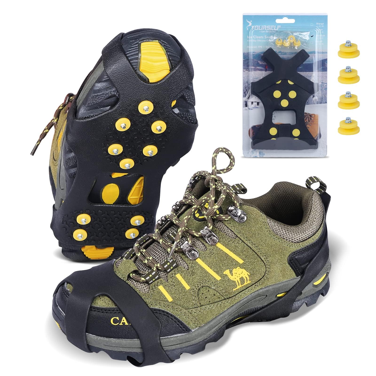 SYOURSELF Ice Cleats Snow Grips Overshoes Boots Anti-Slip Exercise Sliders, Anti-Slip Silicone Portable Walk Traction Cleats Stainless Steel Spikes for Walking, Jogging