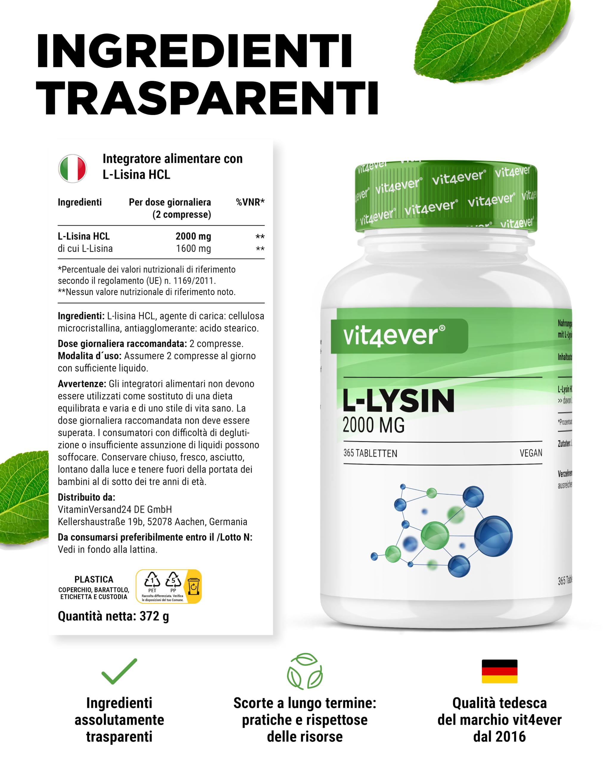 L-Lisina – 365 Compresse – Alto dosaggio con 2000 mg di L-Lisina HCL al giorno – Da fermentazione vegetale – Senza additivi indesiderati – Vegano