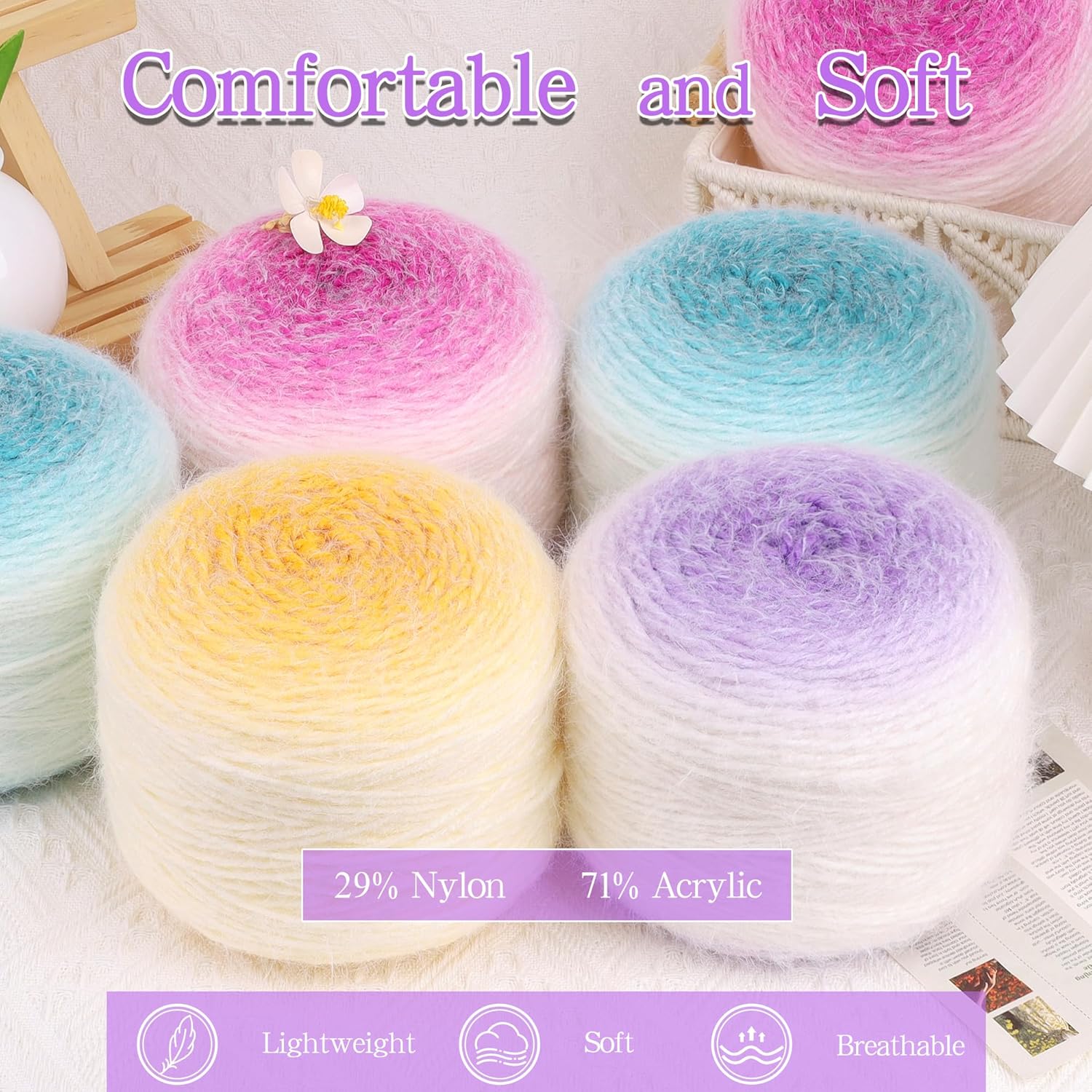 Katech Ombre Yarn for Crocheting-Large Skein of Gradient Yarn Cake-2 Pack of 190g/6.7 oz-71% Acrylic,29% Nylon- #4 Medium-Soft Knitting/Crochet Yarns for Star Blankets, Scarves, Shawls and Garments(D)