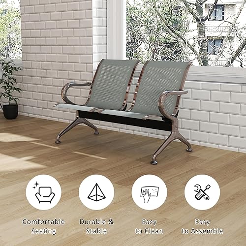 Miniatura 6 de Kinfant Silla plateada para sala de espera, banco de 2 asientos, silla de recepción de invitados con reposabrazos para aeropuerto, hospital, banco,