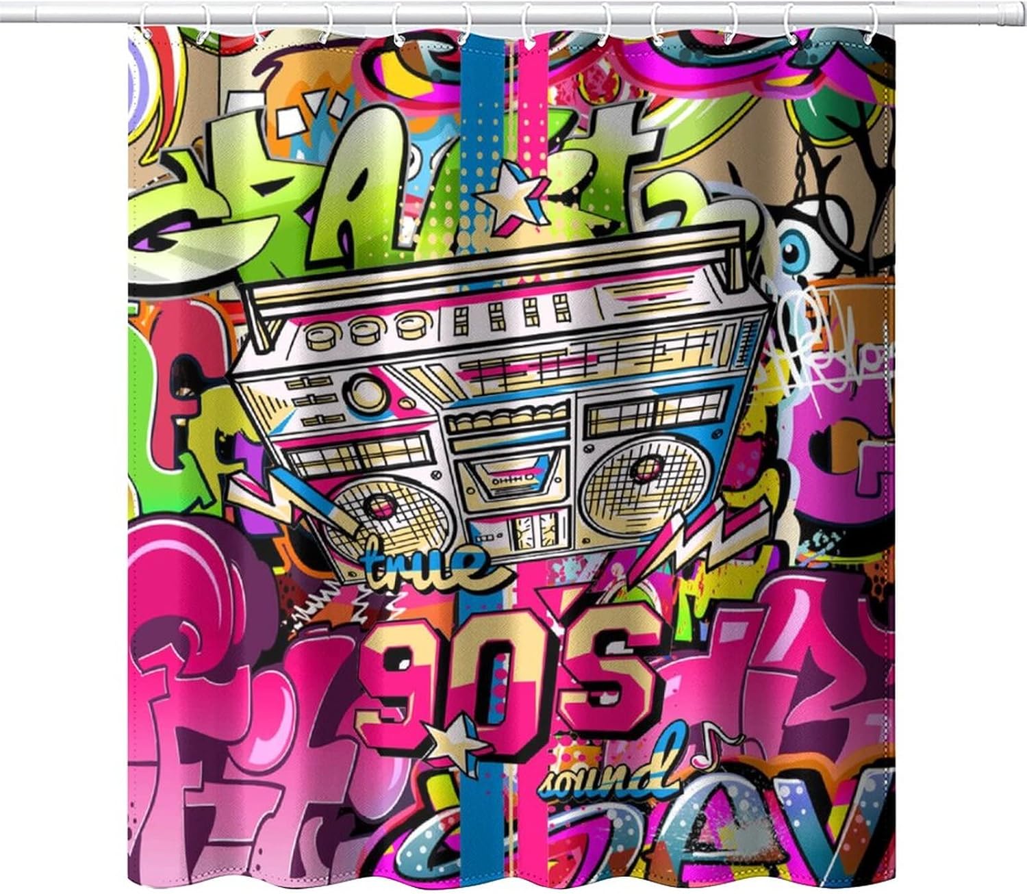 Colourful Graffiti 80's 90's Shower Curtain,Fashion Radio Boombox Photography Fashion Style Bath Curtain 72L x66W Durable Cloth Fabric Bathroom Decor Set with Hooks