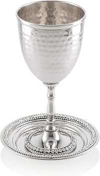 Kiddush Cup Chalice with Crystal Beaded Edge- Saucer Tray Included-Stainless Steel and Rust Resistant- For Sabbath and Holidays