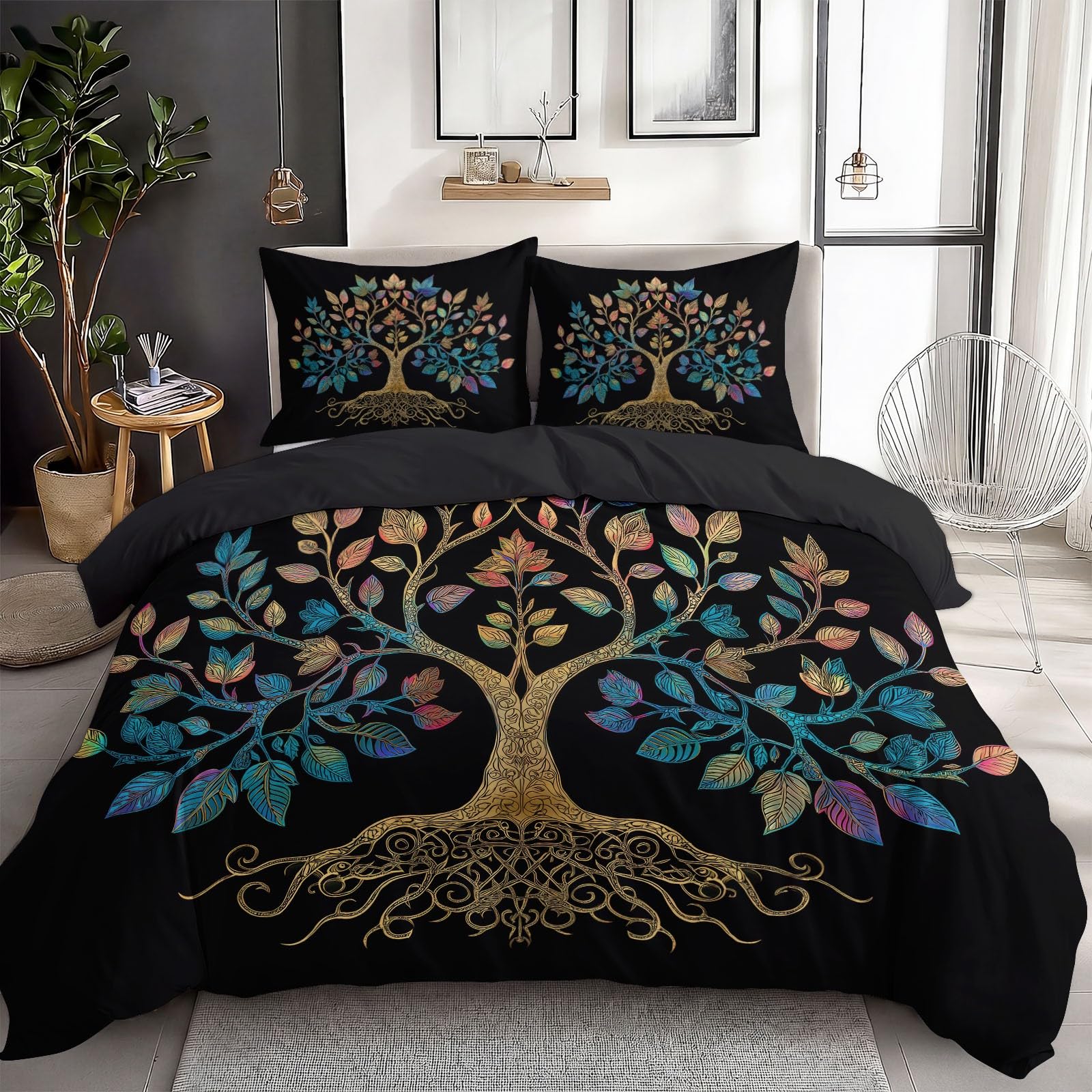 Housse de Couette 160x200 Celte pour Chambre Adulte Parure de Lit Noire Esprit Nature Mystique