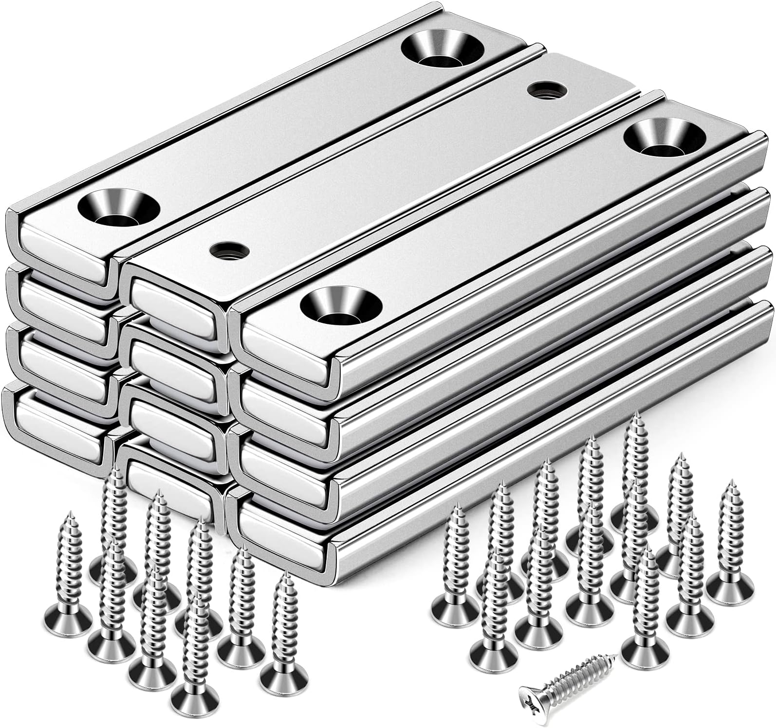Strong Neodymium Rectangular Pot Magnets with Counter Bore, 70LBS(25 KG) Pulling Force Countersunk Hole Magnets with Mounting Screws - 60x13.5x5mm, Pack of 12