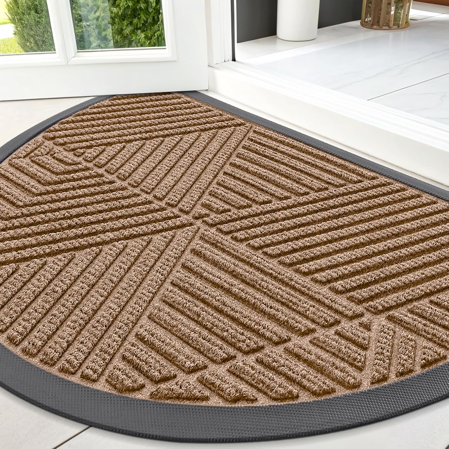 smiry half circle front door mat outside entrance, heavy duty sturdy natural rubber doormat, trap dirt and moisture, low profile mats for indoor outdoor entry, irregular triangle (47x32, coffee) coffee irregular triangle semicircular 47" x 32"