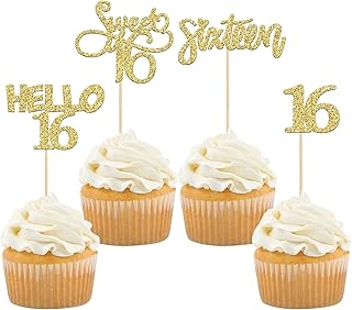 Gyufise 24Pcs Gold Glitter 16 Cupcake Toppers Sweet 16th Birthday Cake Toppers Hello 16 Sixteen Cupcake Picks for 16th Birthday Cake Decorations Supplies