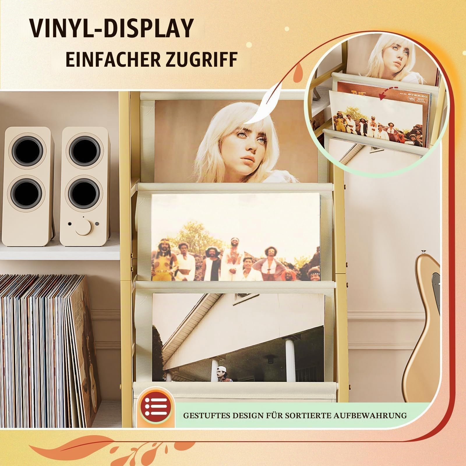 Bikoney Plattenspieler Schallplattenständer mit 3-stufiger Vinyl Display Regal Lagerung, Turntable Tisch Aufbewahrung bis zu 200 Alben,Media Konsole Vinyl Regal für Wohnzimmer (Gold)