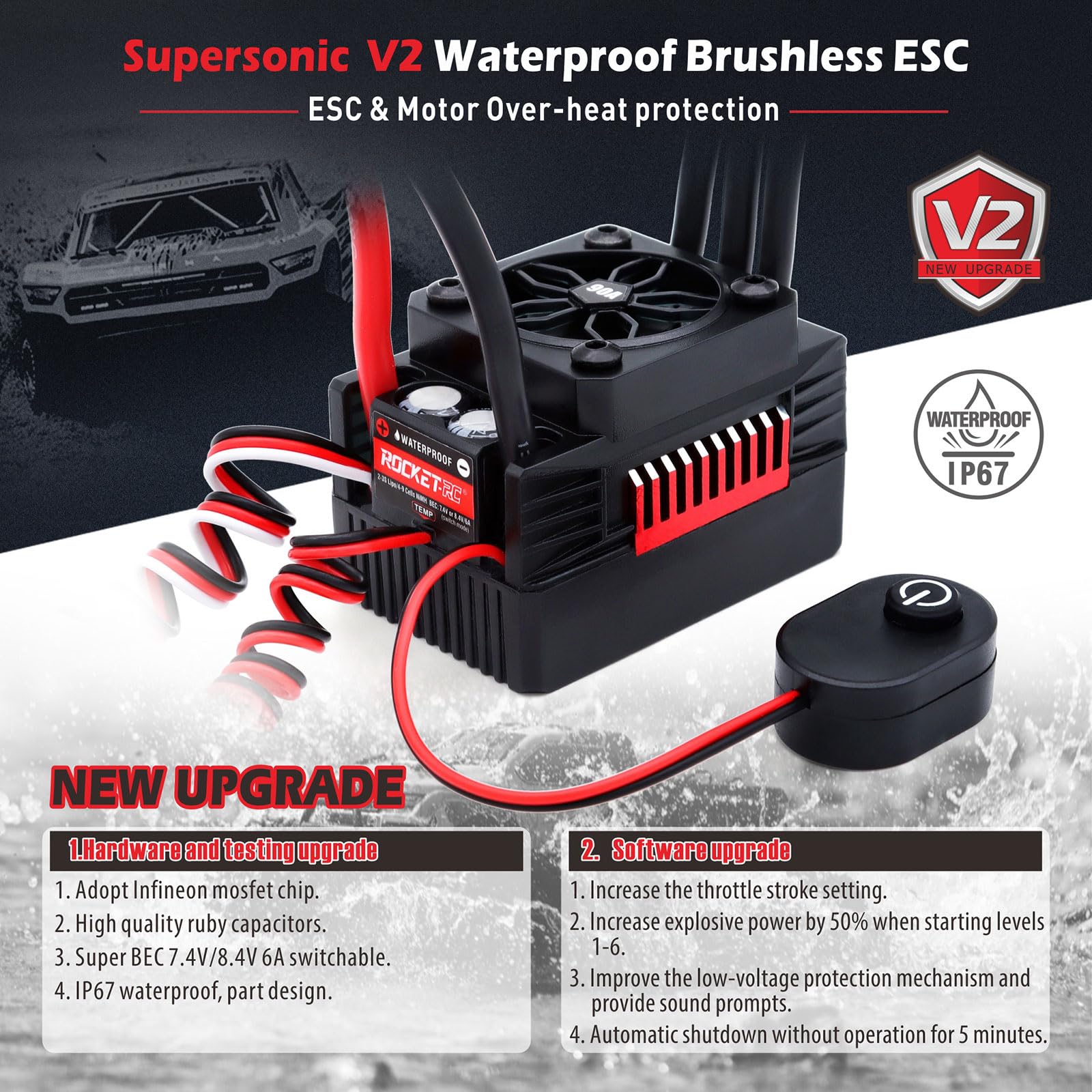 Rocket-RC V2 Supersonic 3665 motore brushless con 90A ESC Combo (90A ESC, 3665M 3800KV)