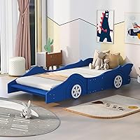 Vista 1 de Cama de plataforma con ruedas en forma de auto de carreras para niños, marco de cama de madera con listones de soporte, para niños, dormitorio