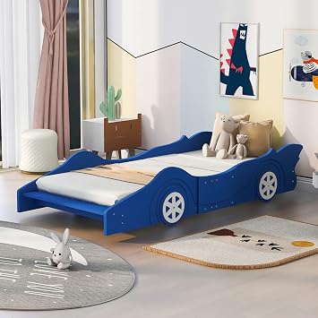 Children Race Car-Shaped Twin Size Platform Bed with Wheels, Wood Platform Bed Frame with Support Slats, for Kids, Bedroom, Easy to Assemble Blue, Twin