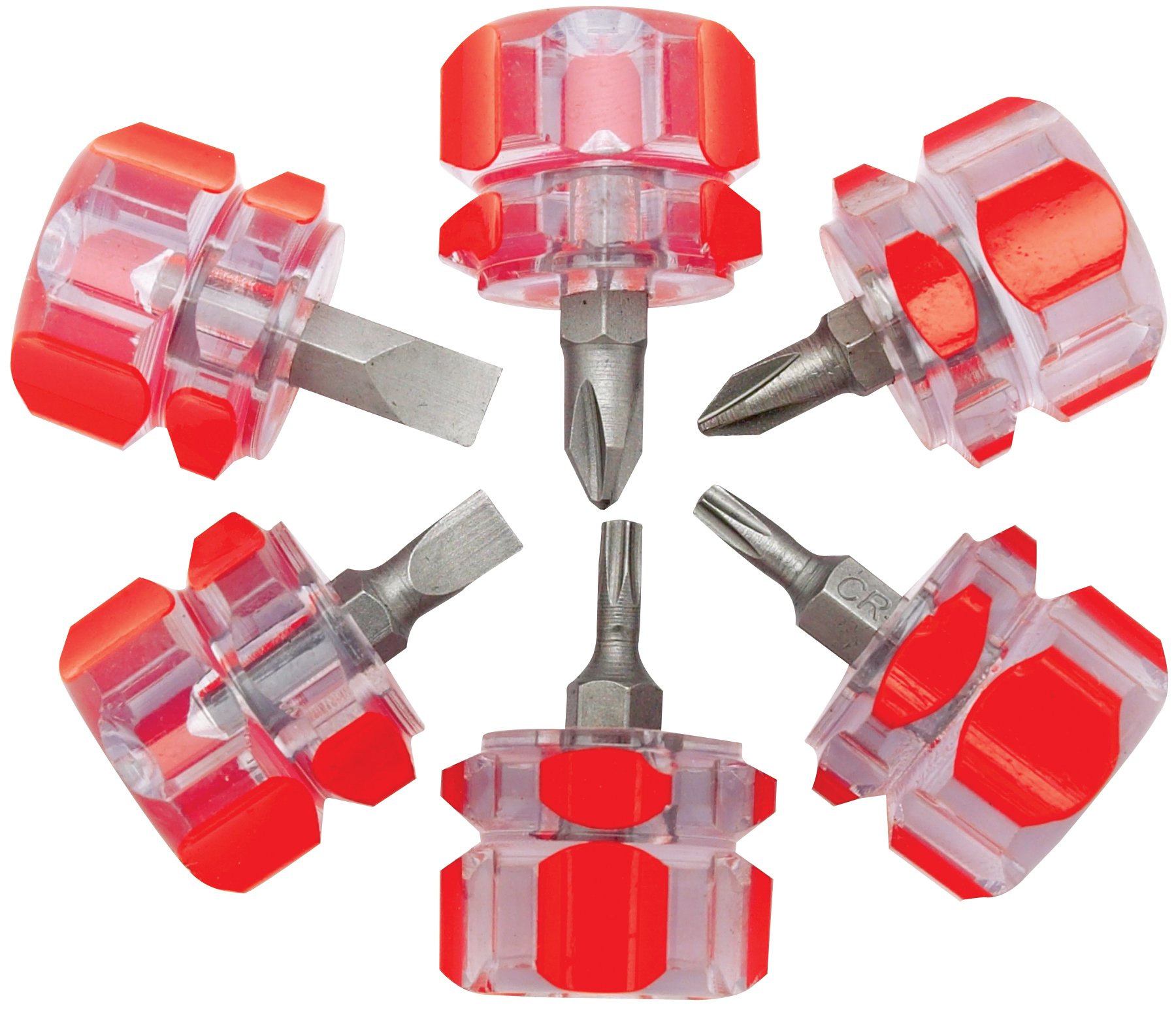 Performance Tool 1420 Chrome Vanadium Stubby Screwdriver Set with Magnetic Tips and Clear Plastic Handles - 6 Piece Precision Tool Kit for DIY and Professional Use