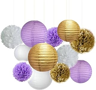 Fascola 12 pcs White Purple Gold Tissue Paper Pom Pom Paper Lanterns Circle Paper Garland Mixed Package for Purple Themed Party Wedding Paper Garland, Bridal Shower Decor Purple Baby Shower Decoration
