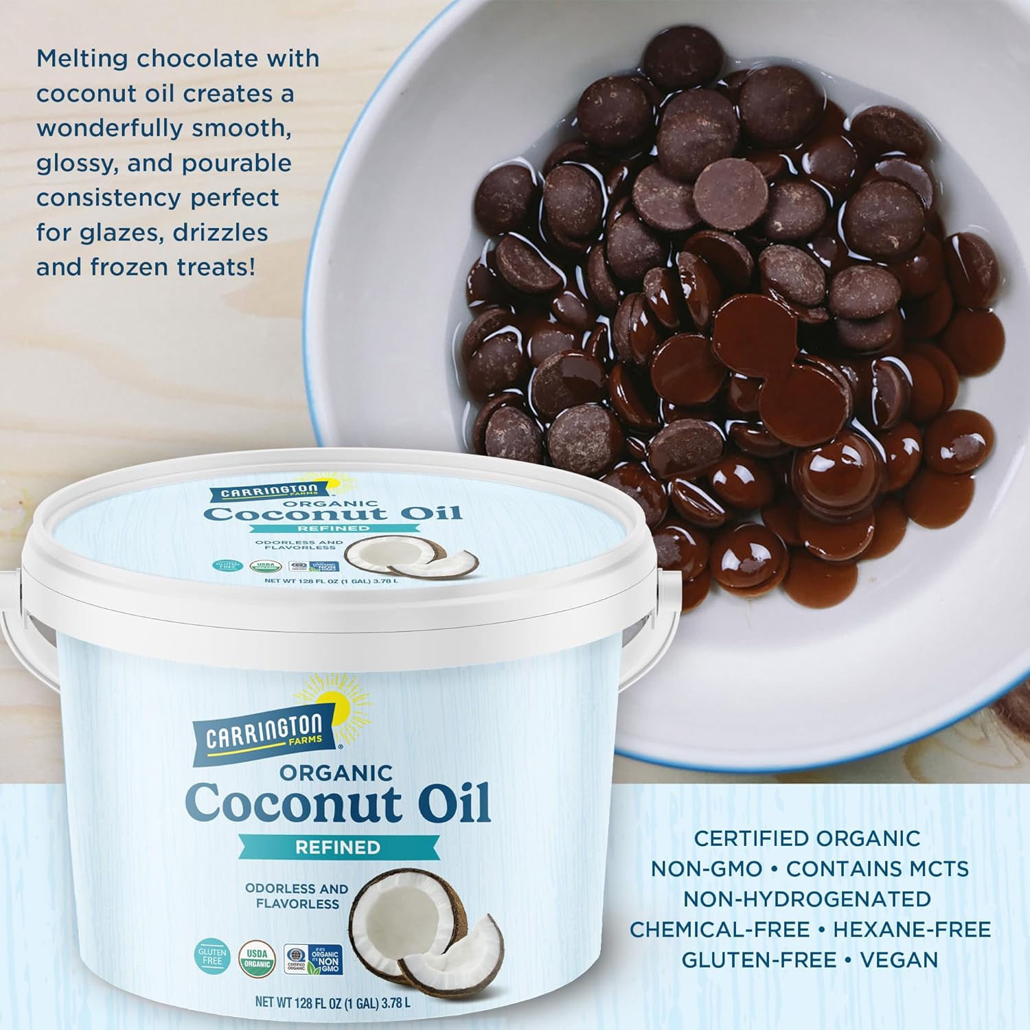 Carrington Farms Organic Refined Coconut Oil, 1 Gallon, Cold-Pressed, Non-GMO, Gluten-Free, Perfect for Cooking, Baking, Skin Care, Hair Oil, MCTs, 128 fl oz – Nutrient-Rich, No Trans Fats