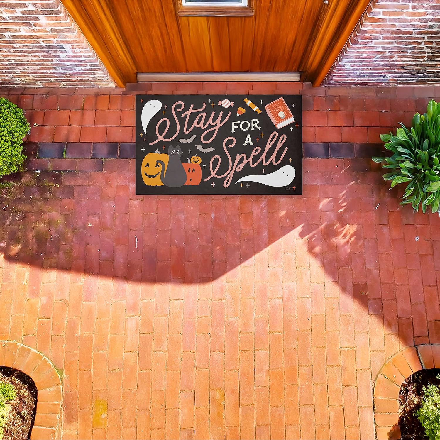 Stupell Industries Stay for Spell Halloween Welcome Outdoor Door Mat, Durable Non-Slip Unwoven Mat with Recycled Rubber Backing, Weather-Resistant Witchy Halloween Design by Laura Marshall, 18"x30"