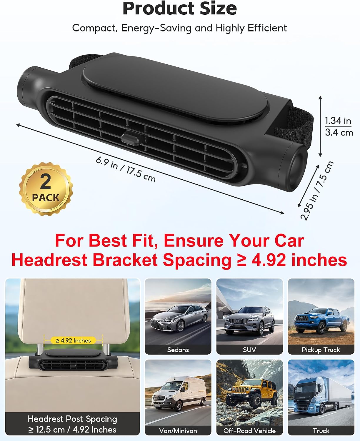 2Pack Car Seat Back Fan, Dual Airflow Bladeless Cooling Fan For Baby Rear Facing, 3-speed Quiet USB Backseat Headrest Fan Fits SUV Sedan Trucks, Keeps Driver, Passengers, Kids & Pets Cool