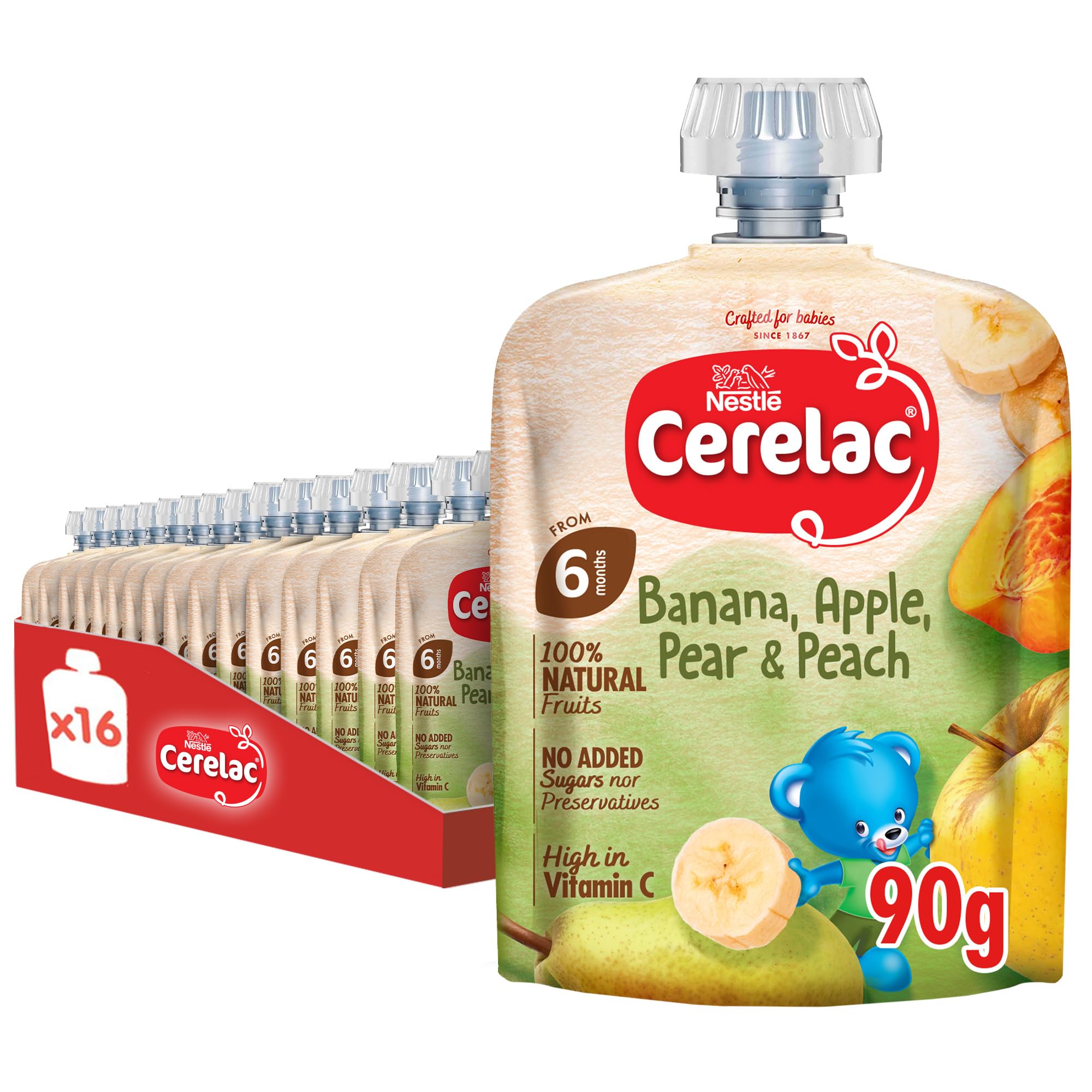 Banana, Apple, Pear & Peach, 100% Natural Fruits, No Added Sugar, High in Vitamin C, From 6 Months, Puree Pouch 90g (16 Pouches)