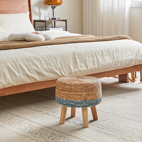 Miniatura 5 de YMYNY Taburete de pie natural de hierba marina tejida a mano, otomana pequeña de 12.6 pulgadas, reposapiés redondo para sala de estar, dormitorio,
