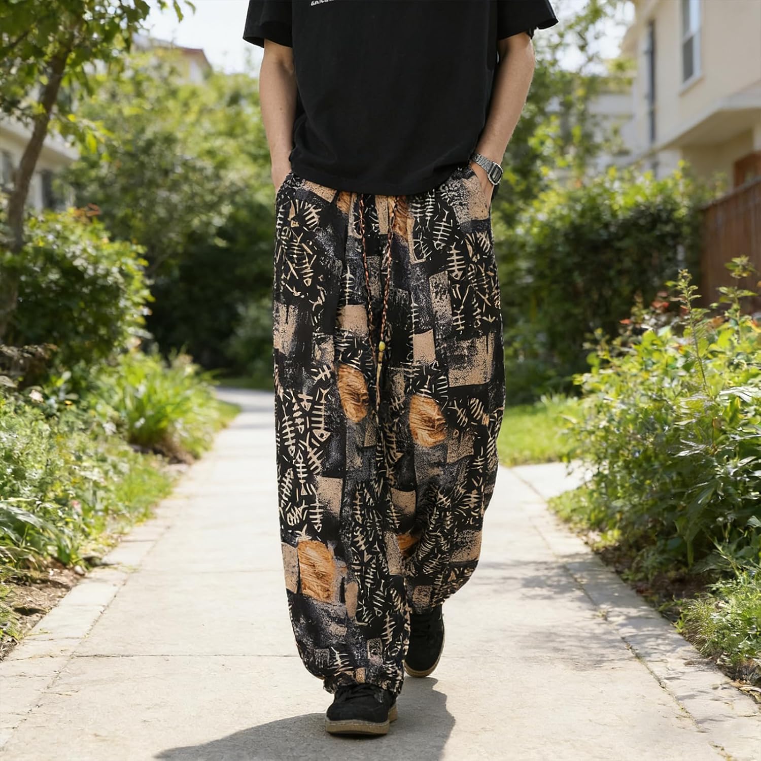 Men's Fishbone Print Wide Leg Pants Boho Tribal Baggy Vacation Beach Trousers