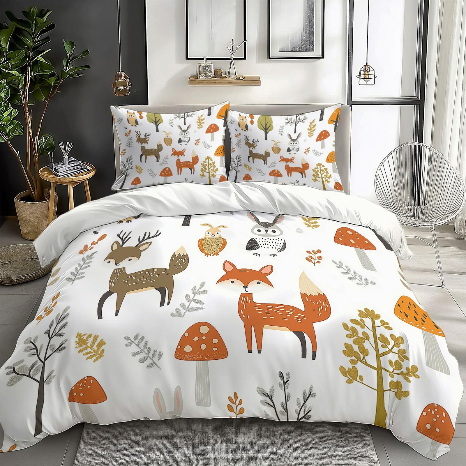 California King Duvet Cover Cartoon Fox Deer Mushroom Cal King Bedding Duvet Cover Set, 3 Pieces, Soft and Breathable Comforter Cover with 2 Pillow Shams, for All Season