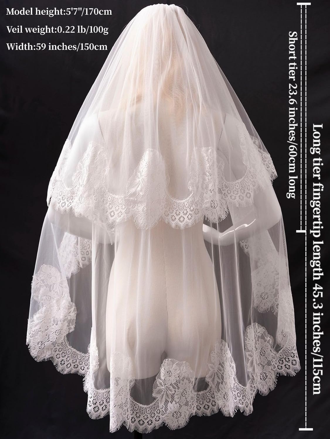 2 Tier Fingertip Length Lace Wedding Bridal Veil with Comb for Bride