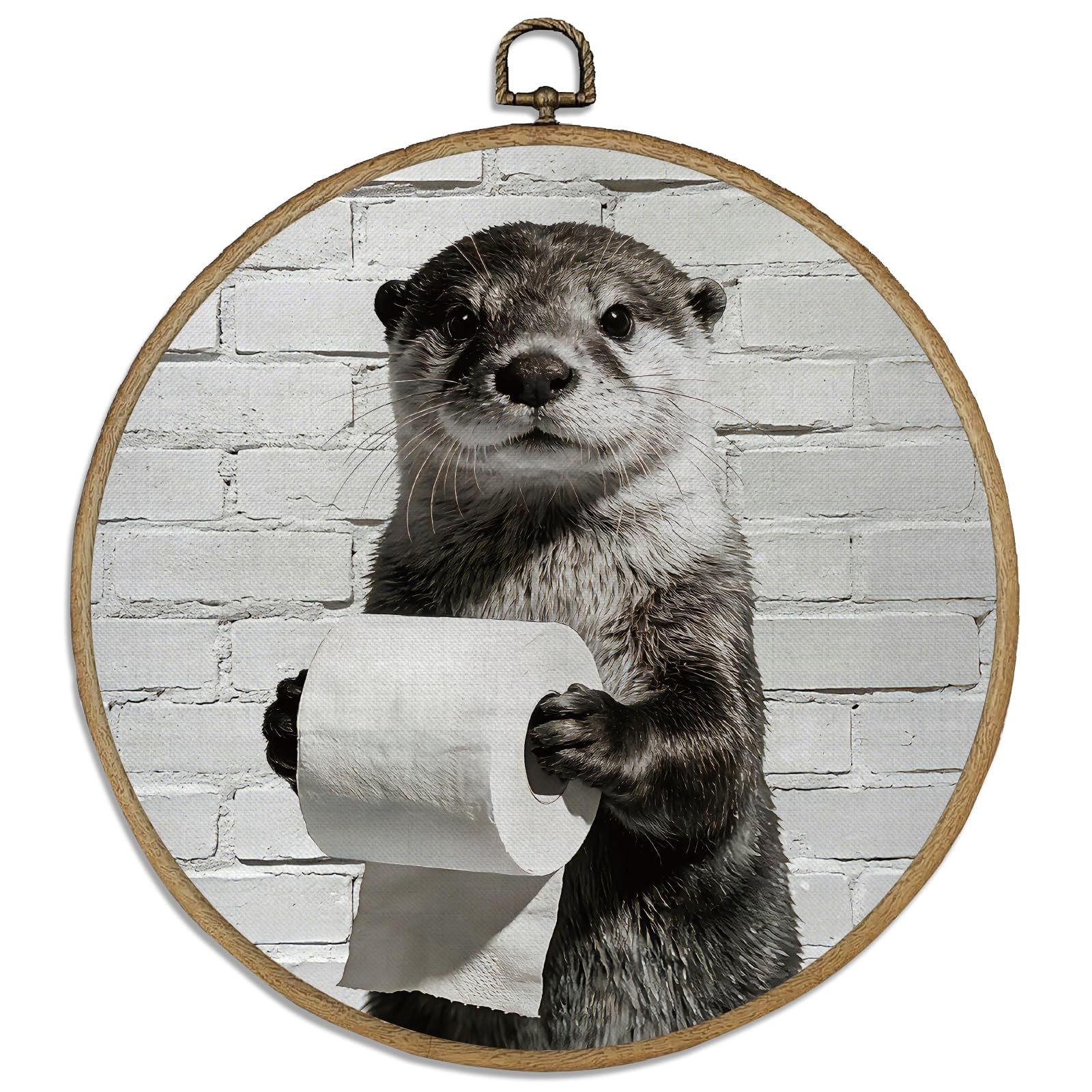 DELORIGIN Funny Otter withToilet Paper Wall Art Decor 10" Round Framed Canvas Wall Art Prints with Metal Hooks Home Artwork Hanging Framed Pictures for Hallway Stairs Bathroom Bedroom Vintage Decor
