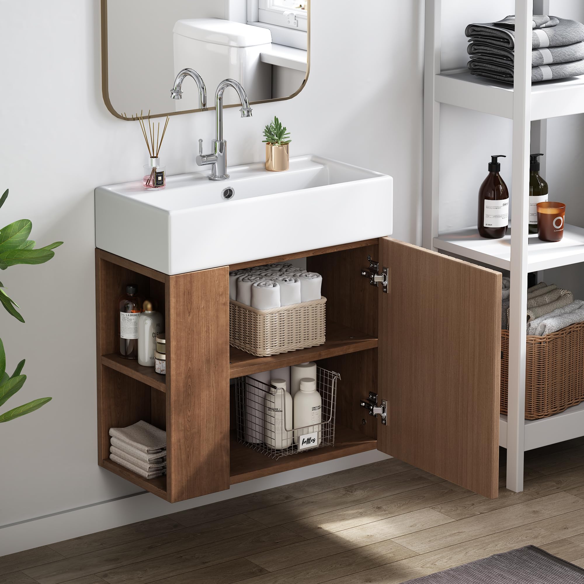 Lcoho Mobile da bagno con mobiletto lavabo, 55 cm, mobiletto per lavabo sospeso, bianco, piccolo mobile per il bagno degli ospiti