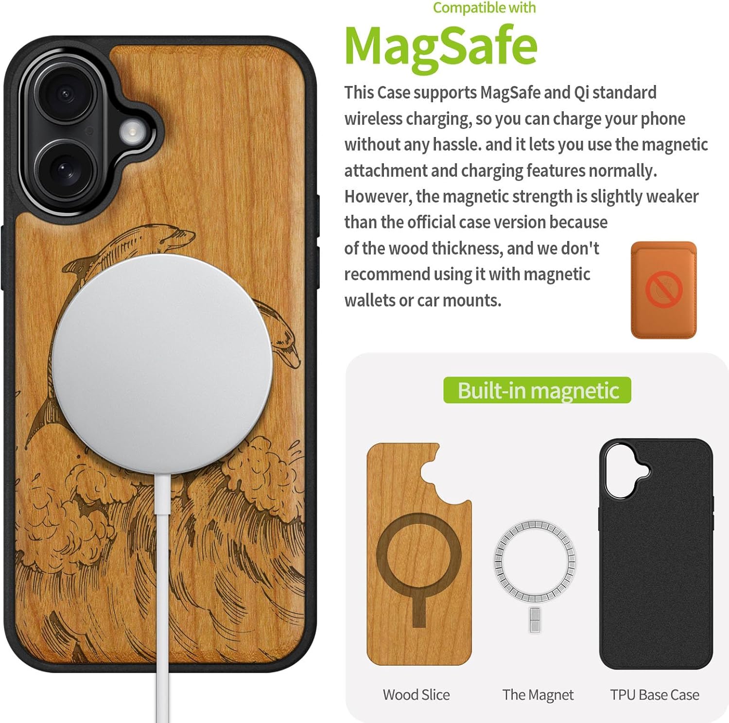 Carveit Magnetic Wooden Case for iPhone 17 Case, Wood Artisan Engraved & Black Soft TPU Shockproof Cover, Compatible with MagSafe Wireless Chargers (Dolphins in The Waves) Cherry