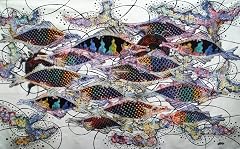 Original Batik Art Painting on Cotton Fabric Fish and Longevity by Agung 150cm x 90cm